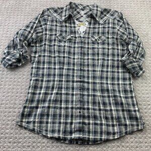 Rock 47 by Wrangler Western Shirt Women Extra Large XL Black Gray Plaid Metallic